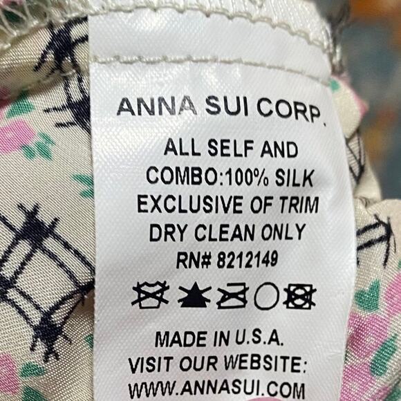 Anna Sui Silk Top Floral Geometric Mixed Print Ruffled Bodice Lace Trim Tank 4 - Picture 10 of 10